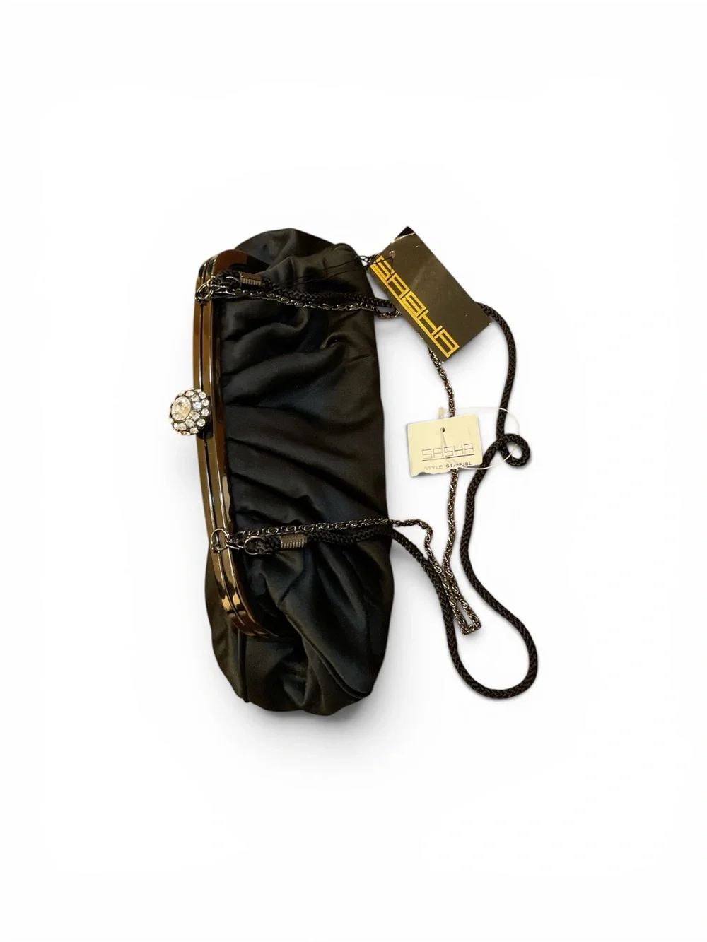Sasha Black Satin Ruched Evening Clutch with Detachable Chain